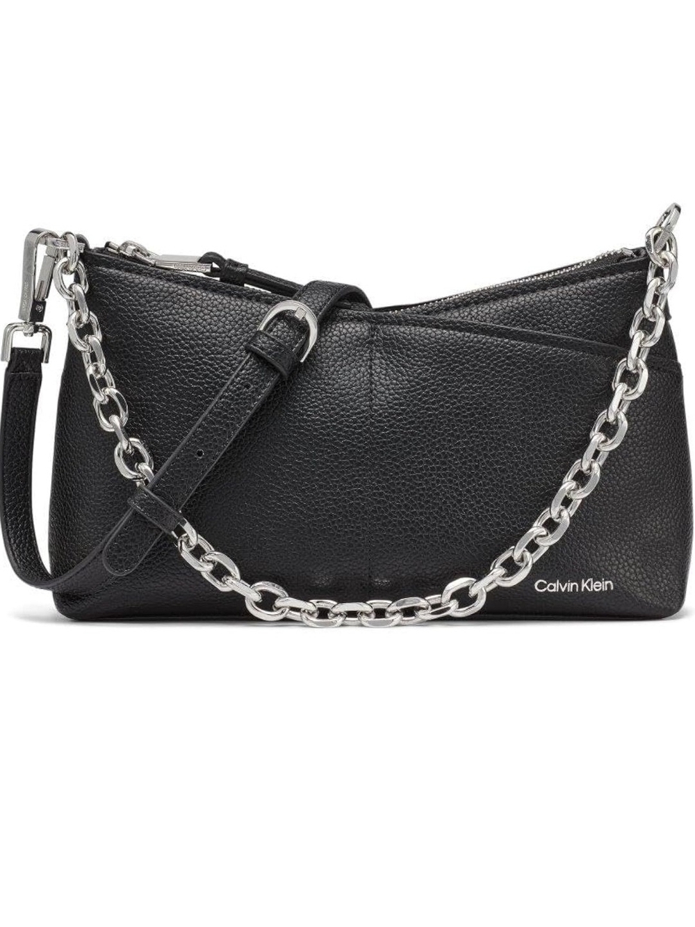 Calvin Klein Black Pebbled Leather Chain-Accent Shoulder Bag